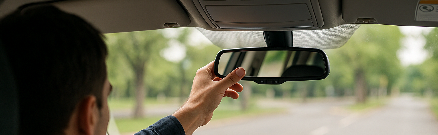 dentro de um carro o condutor a mexer no retrovisor